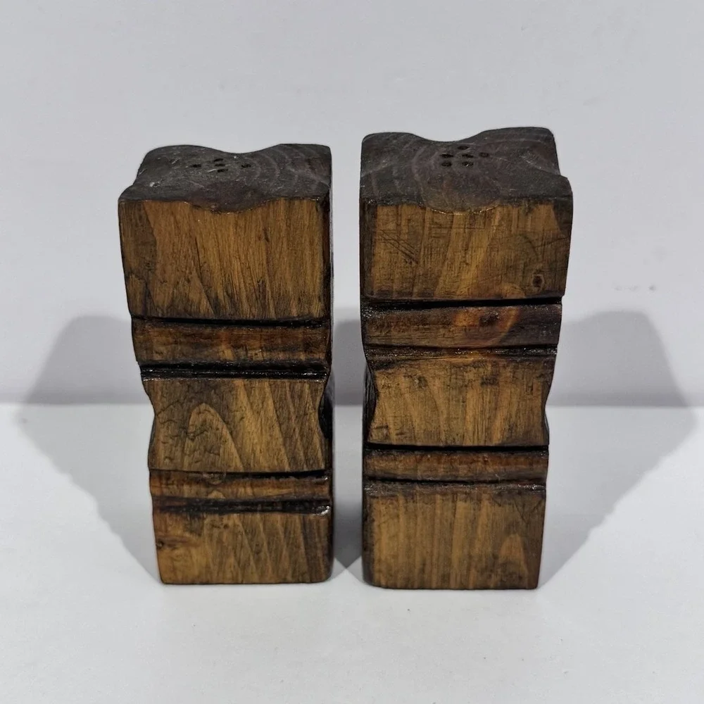 Vintage Salt & Pepper Shaker Set Carved Wooden Square Boho Rustic Lodge
